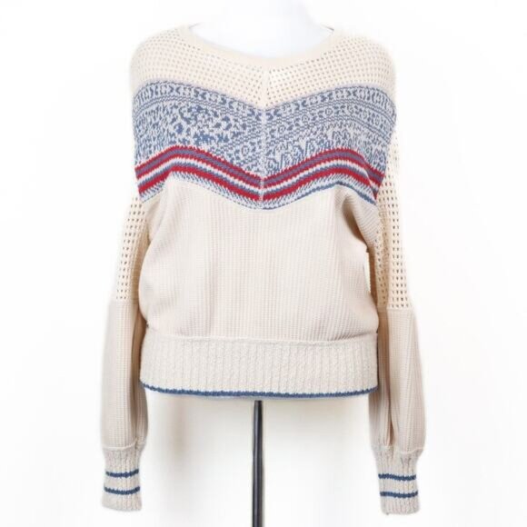 Free People Size M Geo Party Sweater Pullover Waffle Knit Ivory Blue Orange - Picture 4 of 11